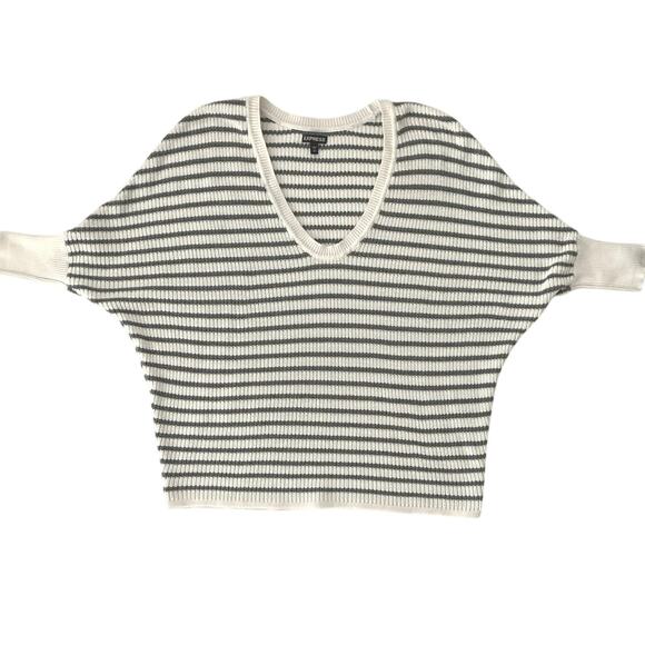 Express Striped Sweater Womens Size S Ivory Gray Vneck Preppy Casual Office - Picture 2 of 14